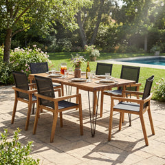 7 Pieces Acacia Wood Outdoor Dining Set s,Modern 6 Chairs 1 Large Table, Dining Furniture Set for Lawn, Backyard, Garden Deck,Poolside,Teak