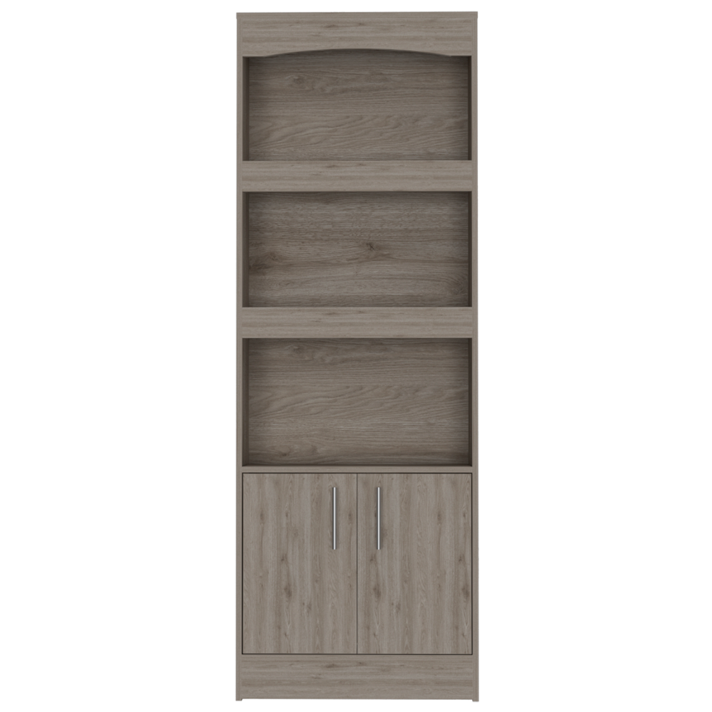 Bookcase, Three Shelves, Double Door Cabinet, Metal Hardware, Light Gray