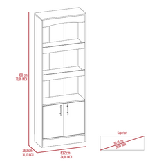 Bookcase, Three Shelves, Double Door Cabinet, Metal Hardware, Light Gray