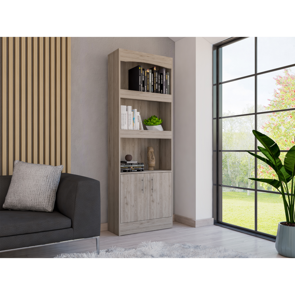 Bookcase, Three Shelves, Double Door Cabinet, Metal Hardware, Light Gray