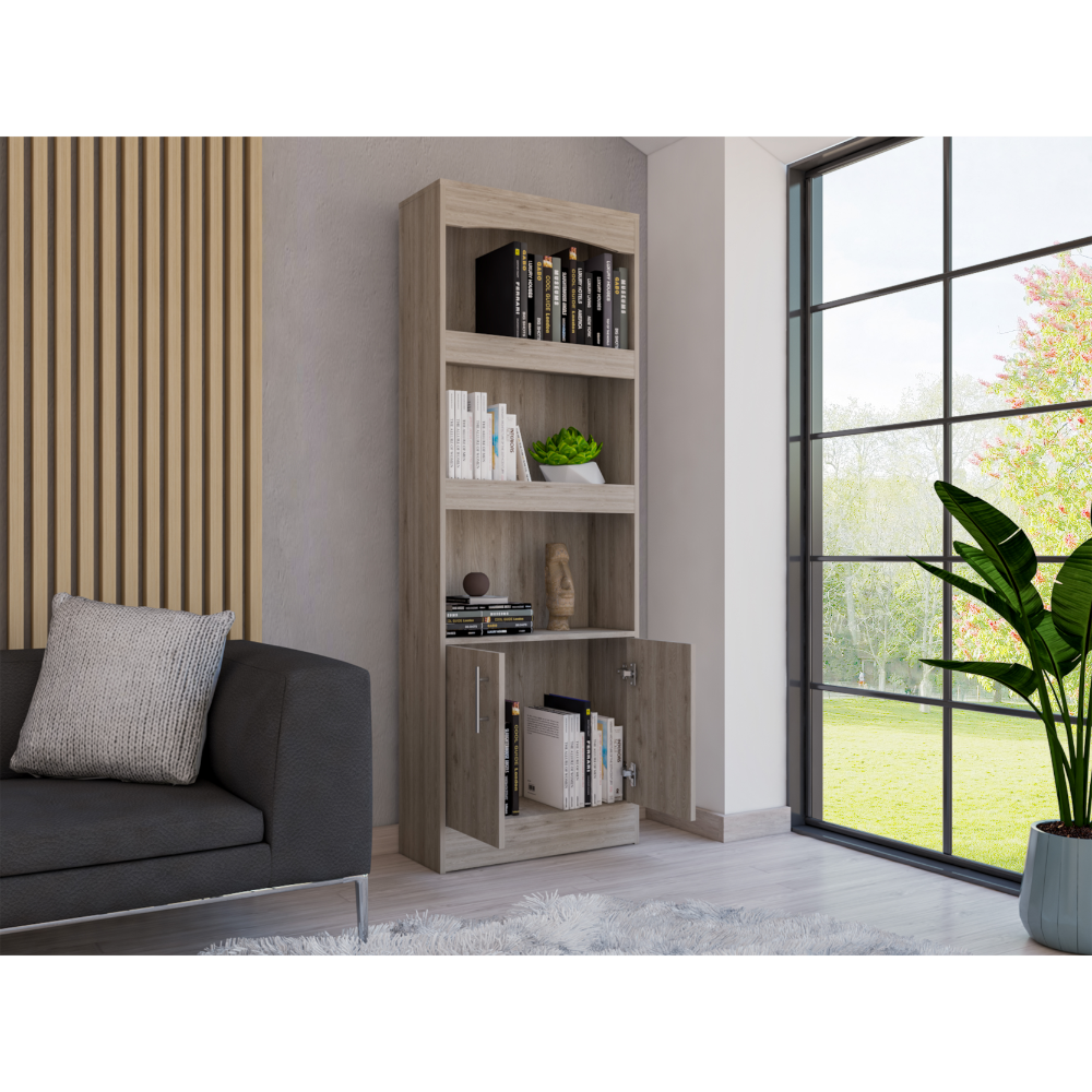 Bookcase, Three Shelves, Double Door Cabinet, Metal Hardware, Light Gray