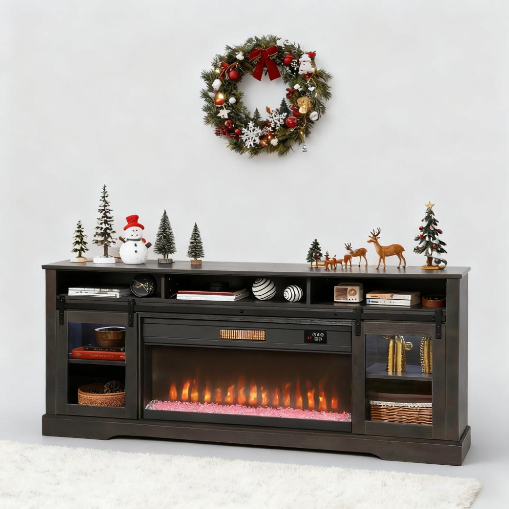 TV Console with Electric Fireplace, Open Storage and Side Cabinets
