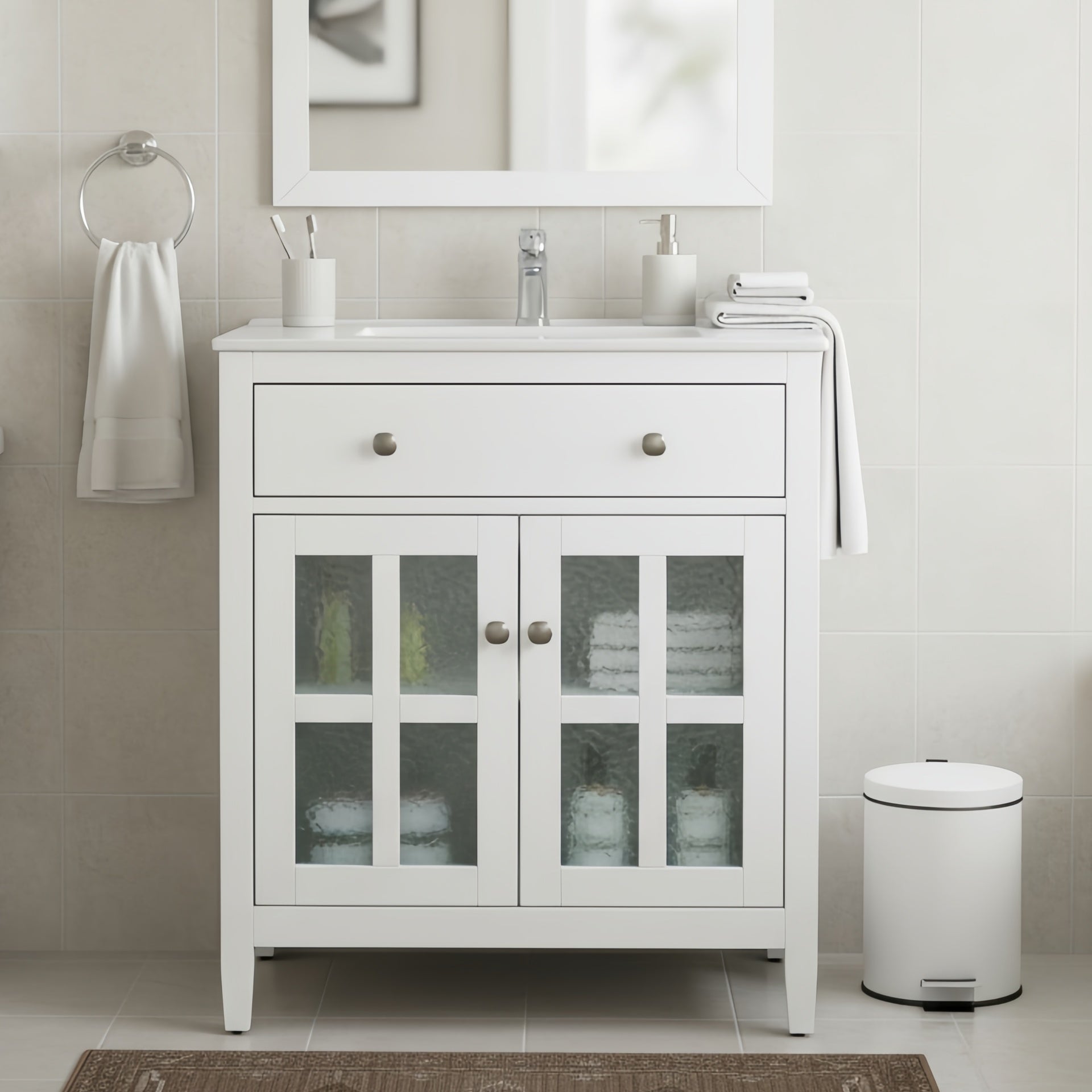 30" Bathroom Vanity with Ceramic Sink, Equipped with Adjustable Shelf and Tip-Out Tray, Bathroom vanity with Solid Wood Legs, Silver Metal Knobs and Soft Close Hinges, White