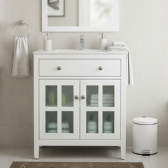 30" Bathroom Vanity with Ceramic Sink, Equipped with Adjustable Shelf and Tip-Out Tray, Bathroom vanity with Solid Wood Legs, Silver Metal Knobs and Soft Close Hinges, White
