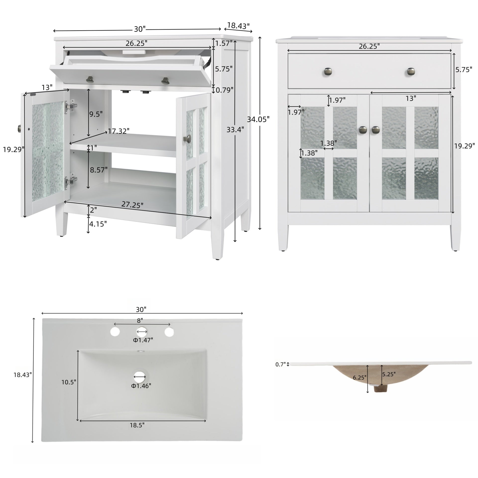 30" Bathroom Vanity with Ceramic Sink, Equipped with Adjustable Shelf and Tip-Out Tray, Bathroom vanity with Solid Wood Legs, Silver Metal Knobs and Soft Close Hinges, White