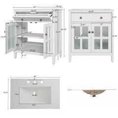 30" Bathroom Vanity with Ceramic Sink, Equipped with Adjustable Shelf and Tip-Out Tray, Bathroom vanity with Solid Wood Legs, Silver Metal Knobs and Soft Close Hinges, White