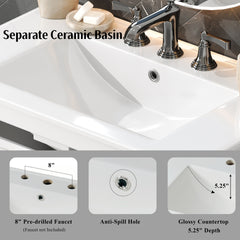 30" Bathroom Vanity with Ceramic Sink, Equipped with Adjustable Shelf and Tip-Out Tray, Bathroom vanity with Solid Wood Legs, Silver Metal Knobs and Soft Close Hinges, White