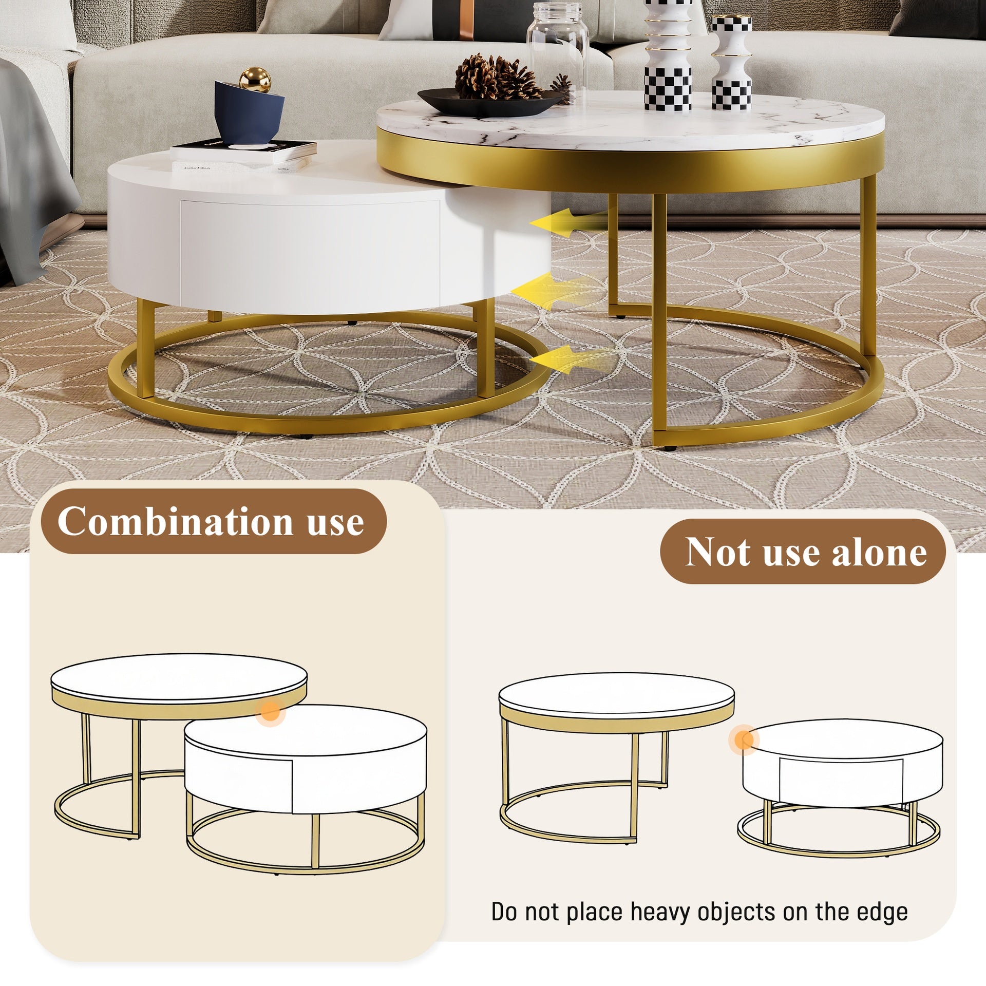 Modern Round  Nesting Coffee Table with Drawers in White