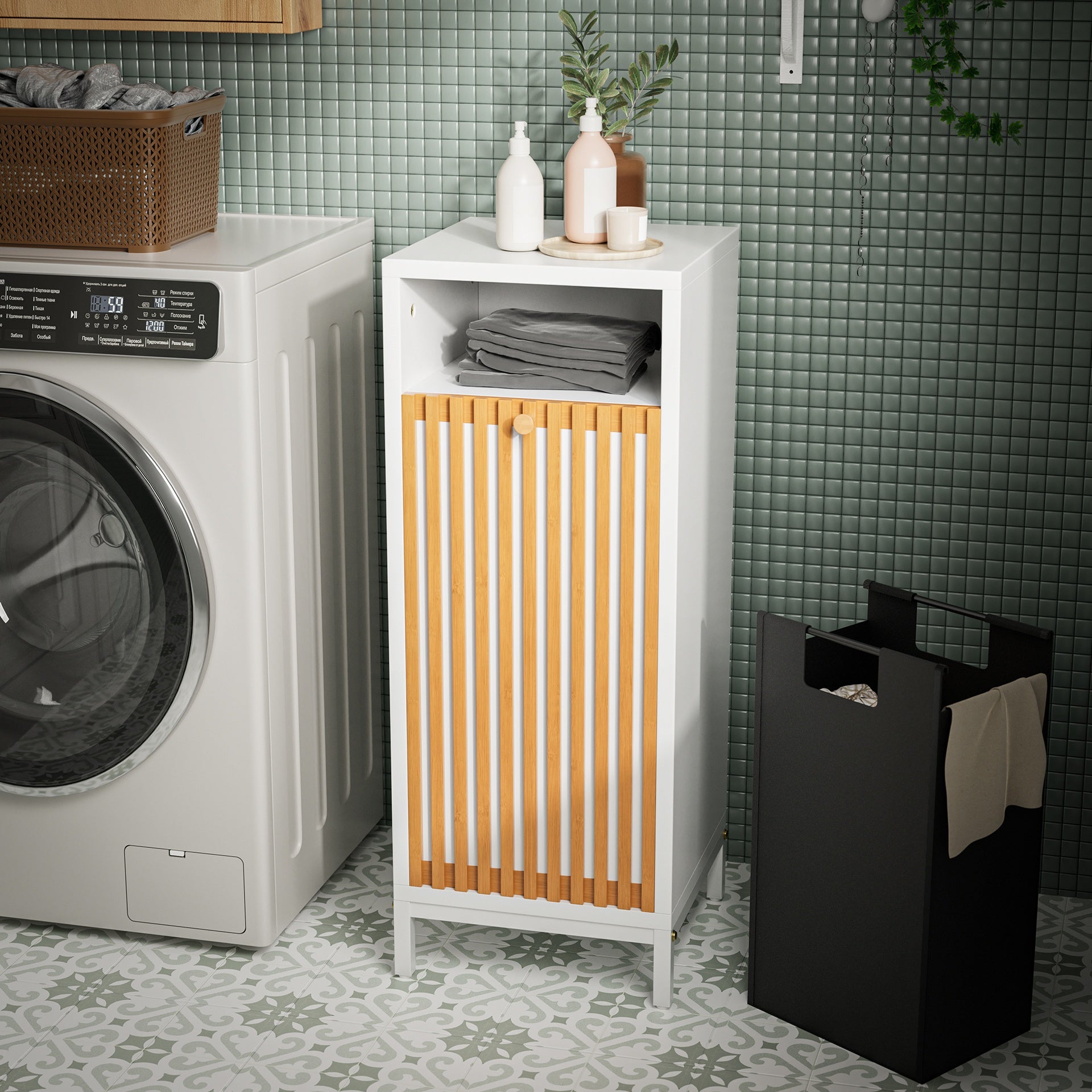 Bathroom Side Cabinet with Bamboo Front & Hamper - Natural/White