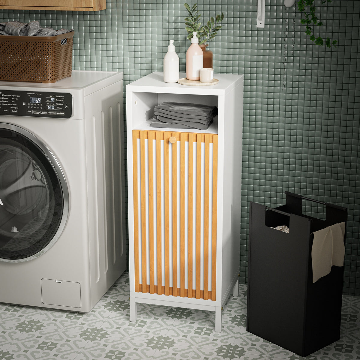 Bathroom Side Cabinet with Bamboo Front & Hamper - Natural/White