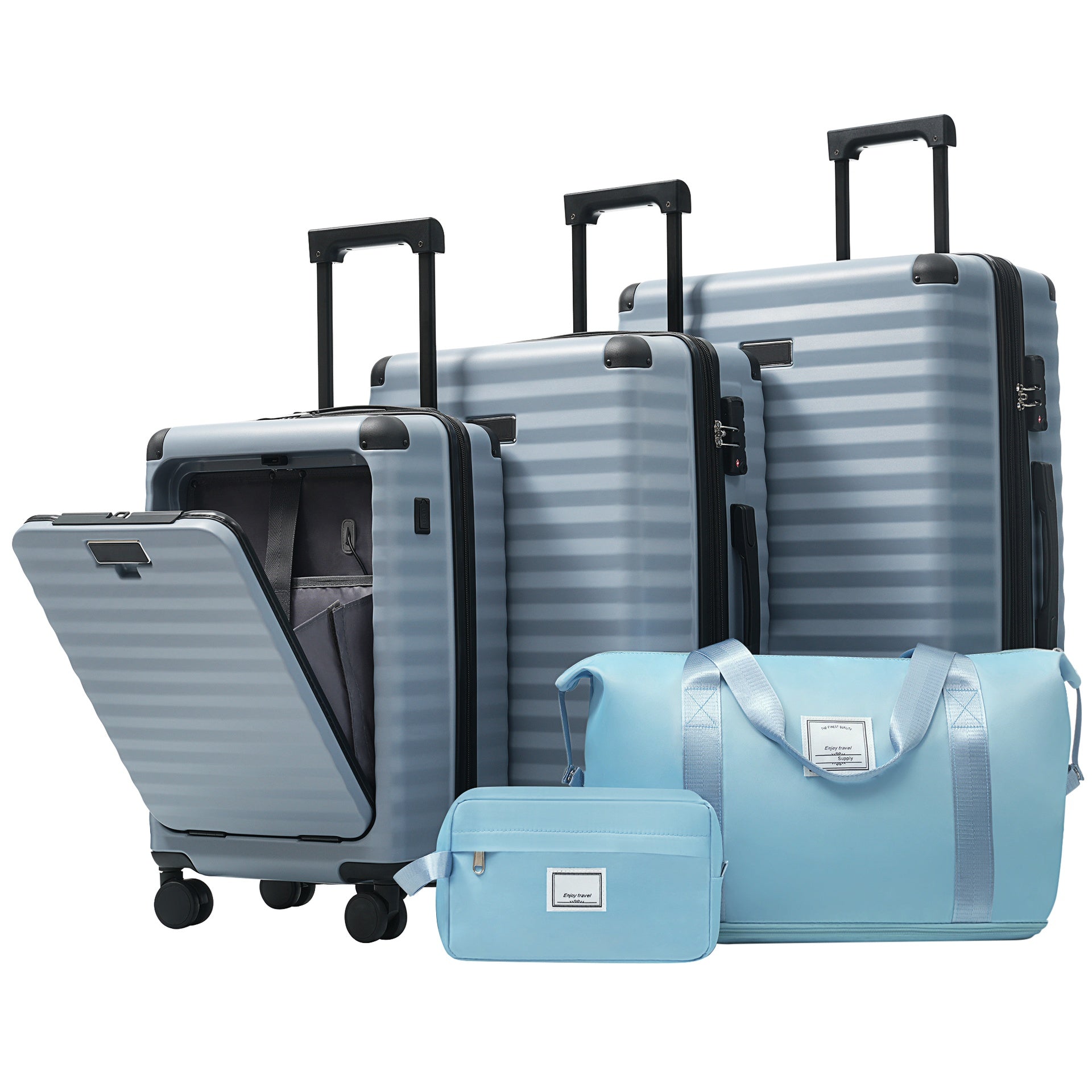 Luggage Sets 5 Piece with Front Opening , Hardside Expandable Carry on Suitcase with Spinner Wheels TSA Lock USB Port  Cup Holder Duffel Bag and Toiletry Bag