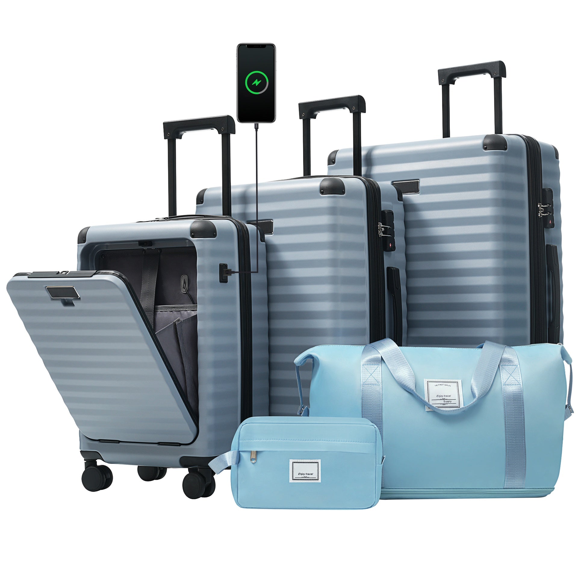 Luggage Sets 5 Piece with Front Opening , Hardside Expandable Carry on Suitcase with Spinner Wheels TSA Lock USB Port  Cup Holder Duffel Bag and Toiletry Bag