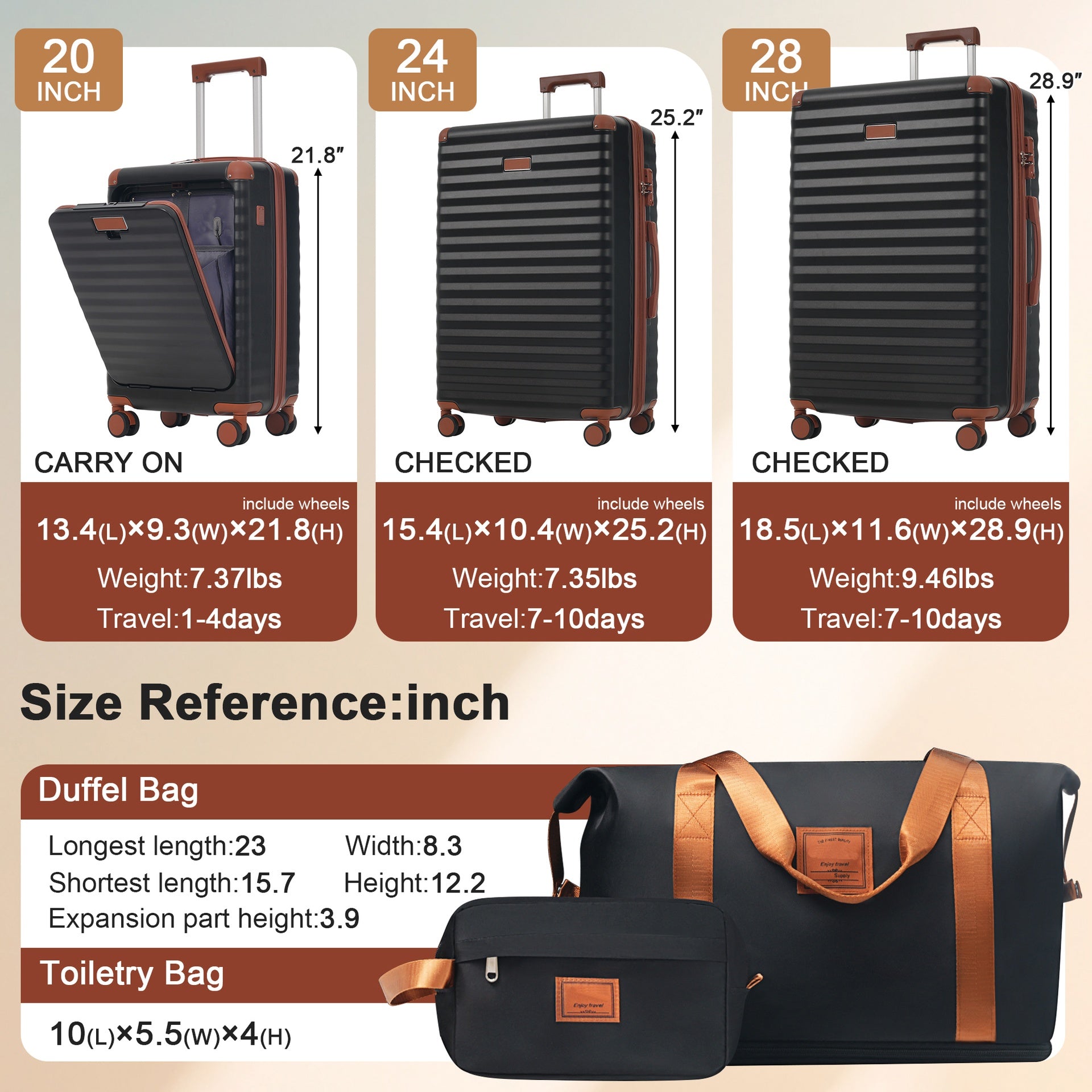 Luggage Sets 5 Piece with Front Opening , Hardside Expandable Carry on Suitcase with Spinner Wheels TSA Lock USB Port  Cup Holder Duffel Bag and Toiletry Bag