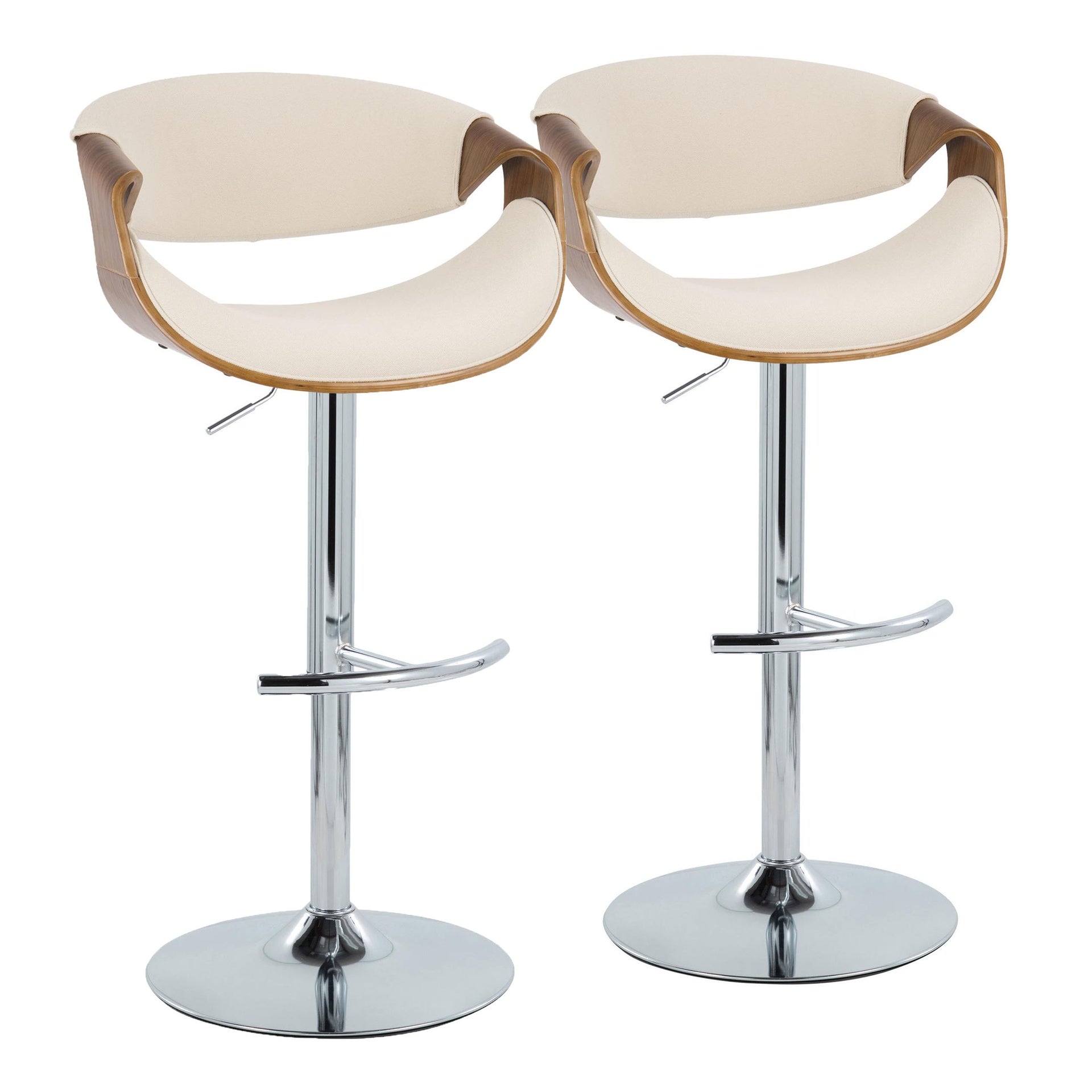 Curvo Mid-Century Modern Adjustable Barstool with Swivel in Chrome Metal, Walnut Wood and Cream Fabric with Rounded T Footrest by LumiSource - Set of 2