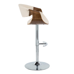 Curvo Mid-Century Modern Adjustable Barstool with Swivel in Chrome Metal, Walnut Wood and Cream Fabric with Rounded T Footrest by LumiSource - Set of 2
