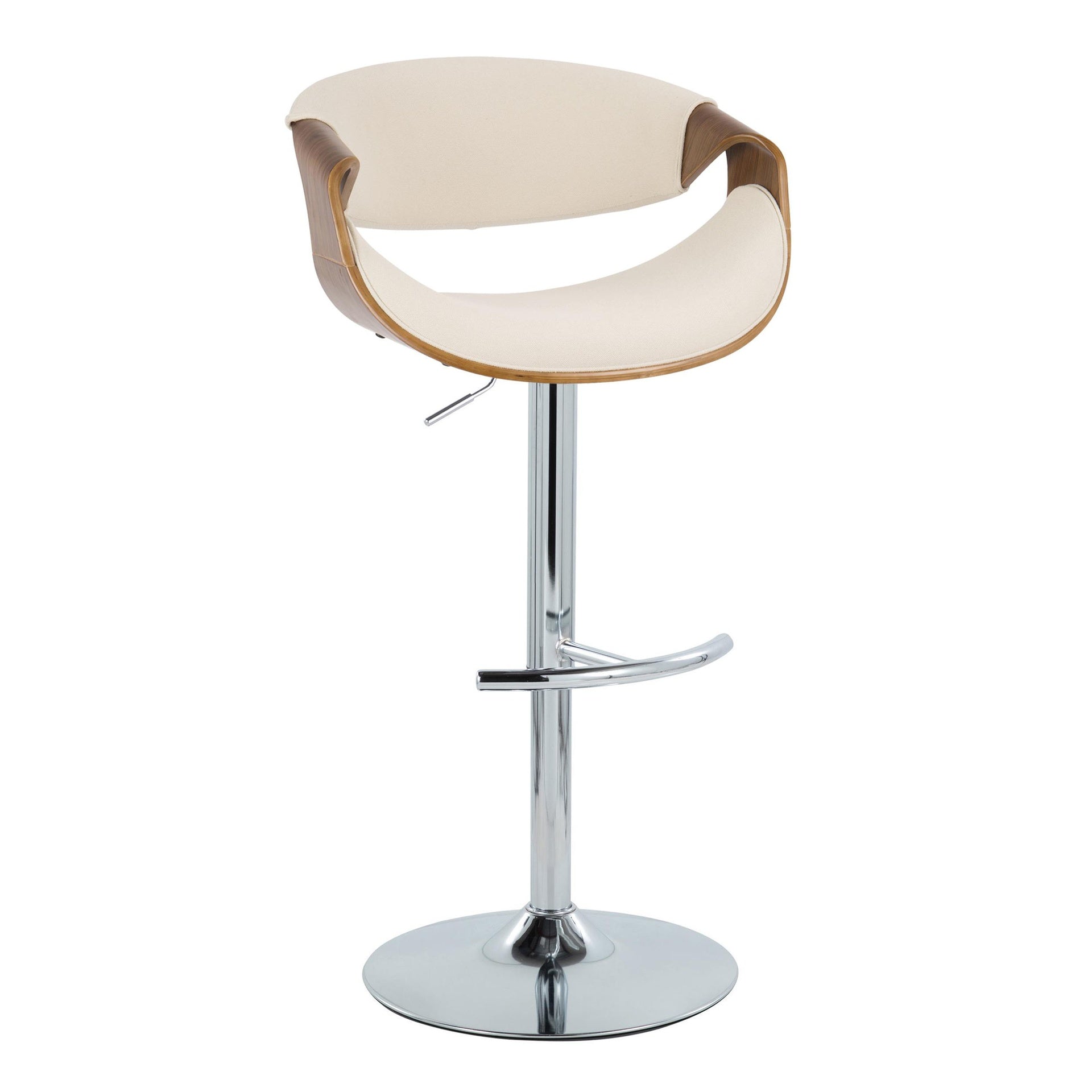 Curvo Mid-Century Modern Adjustable Barstool with Swivel in Chrome Metal, Walnut Wood and Cream Fabric with Rounded T Footrest by LumiSource - Set of 2