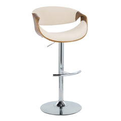 Curvo Mid-Century Modern Adjustable Barstool with Swivel in Chrome Metal, Walnut Wood and Cream Fabric with Rounded T Footrest by LumiSource - Set of 2