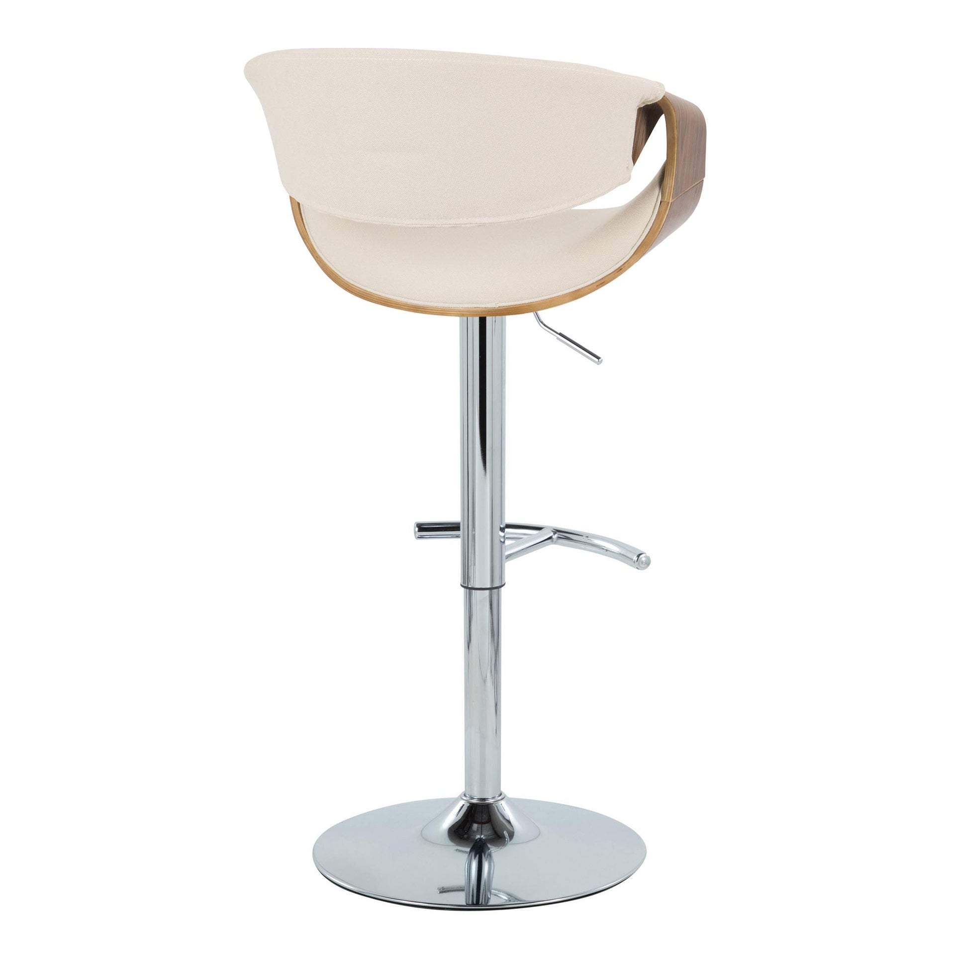 Curvo Mid-Century Modern Adjustable Barstool with Swivel in Chrome Metal, Walnut Wood and Cream Fabric with Rounded T Footrest by LumiSource - Set of 2