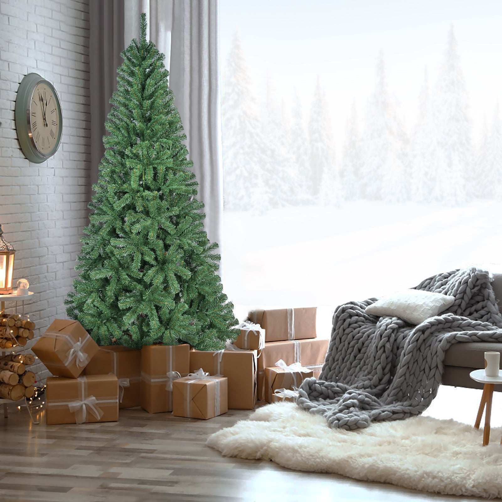 8FT Artificial Christmas Tree with 1136 PVC Tips, Hinged Structure & Metal Stand – Full Green Holiday Tree for Office, Apartment, or Party Decoration