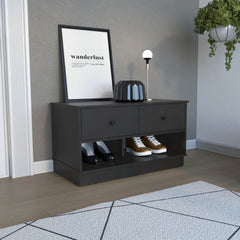 Storage Bench Beji, Lower Shelf, Two Drawers, Black Wengue Finish