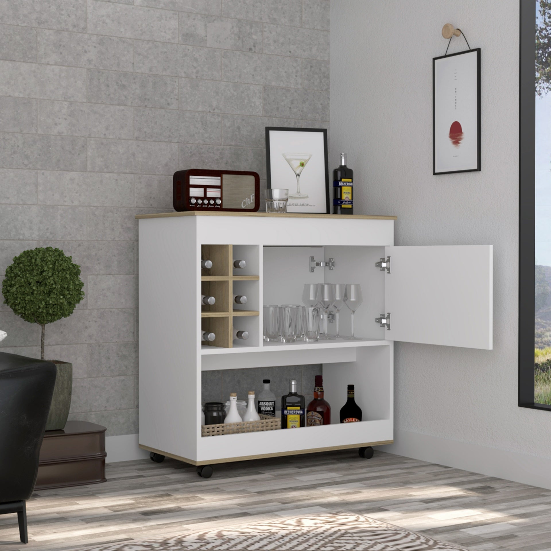Bar Cart Aloha, Lower Panel, Six Bottle Cubbies, One Cabinet, Light Oak / White Finish