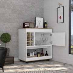 Bar Cart Aloha, Lower Panel, Six Bottle Cubbies, One Cabinet, Light Oak / White Finish