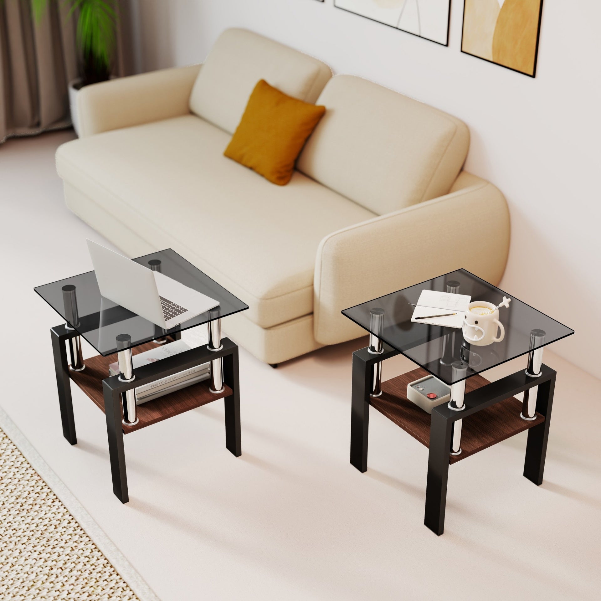 Set of 2 Modern Tempered Glass Tea Table ,Tempered Glass Tabletop with MDF Layer,Coffee Table,End Table, Square Table for Living Room, gray/black