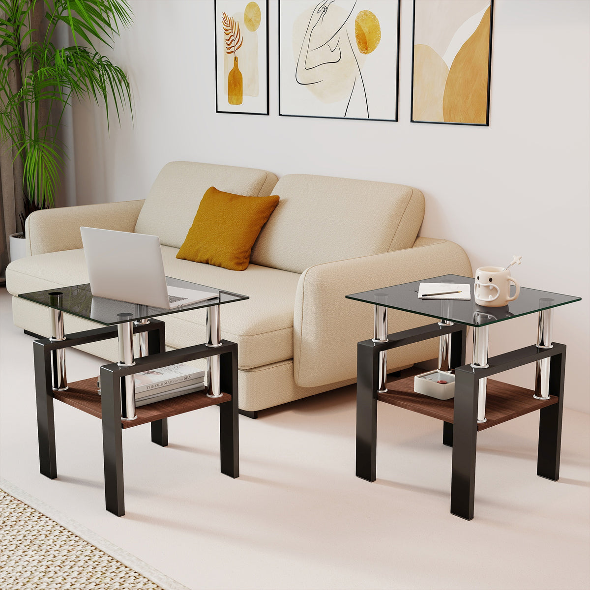 Set of 2 Modern Tempered Glass Tea Table ,Tempered Glass Tabletop with MDF Layer,Coffee Table,End Table, Square Table for Living Room, gray/black