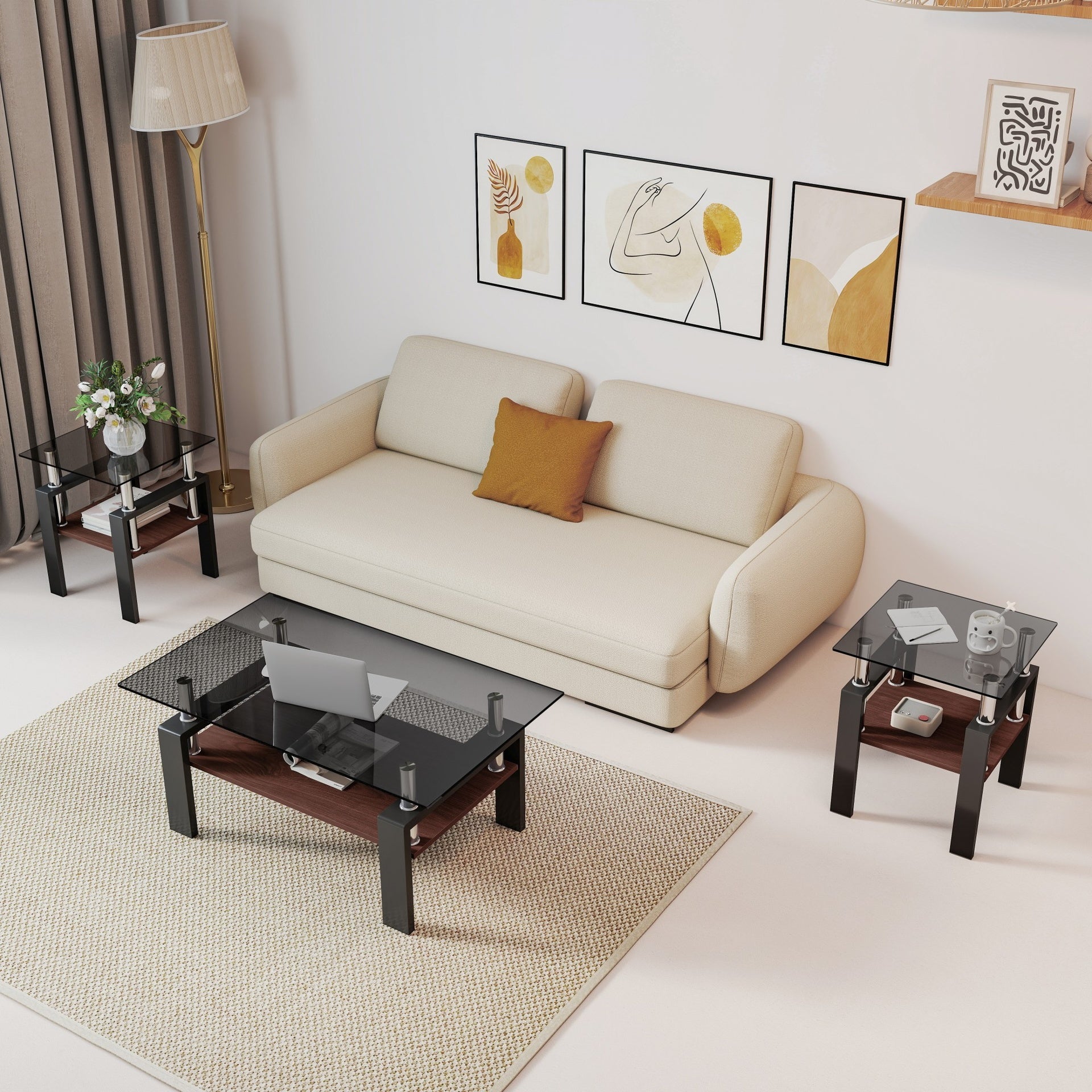 Set of 2 Modern Tempered Glass Tea Table ,Tempered Glass Tabletop with MDF Layer,Coffee Table,End Table, Square Table for Living Room, gray/black