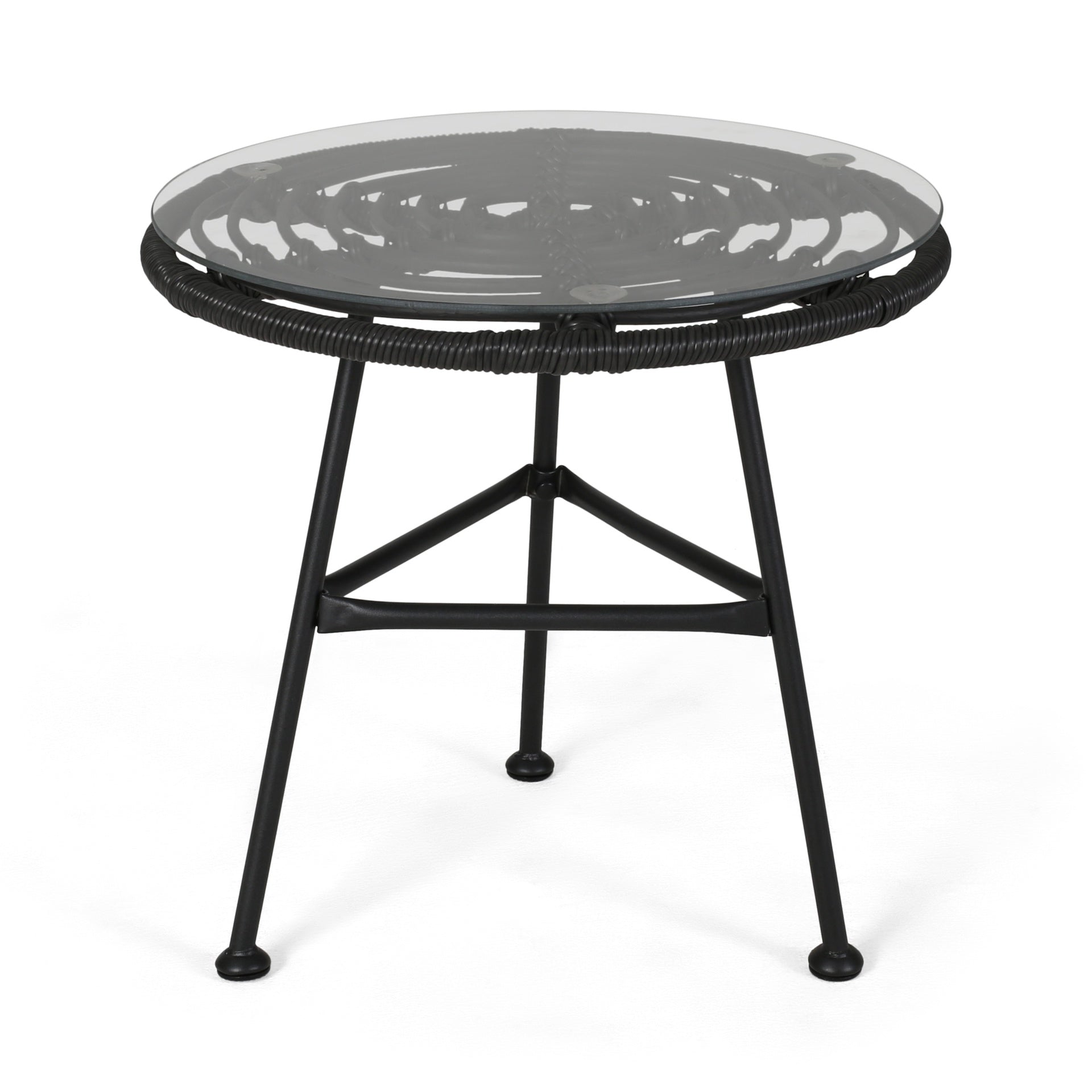 Orlando Outdoor Glass Top Faux Rattan Side Table,Tempered Glass Top End Table for Balcony Porch Deck
