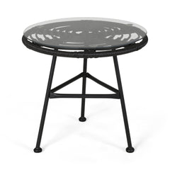 Orlando Outdoor Glass Top Faux Rattan Side Table,Tempered Glass Top End Table for Balcony Porch Deck