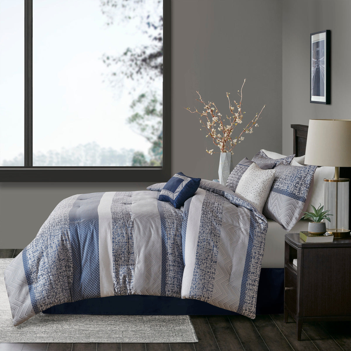 7 Piece Jacquard Comforter Set Navy Cal King