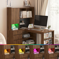 L Shaped Desk,Computer Desk with Drawers,Bookshelf,with LED Light,Modern Corner Desk,Home Office Desk,L-Shaped Study Table Writing Desk,Corner Gaming Computer Desk with Storage