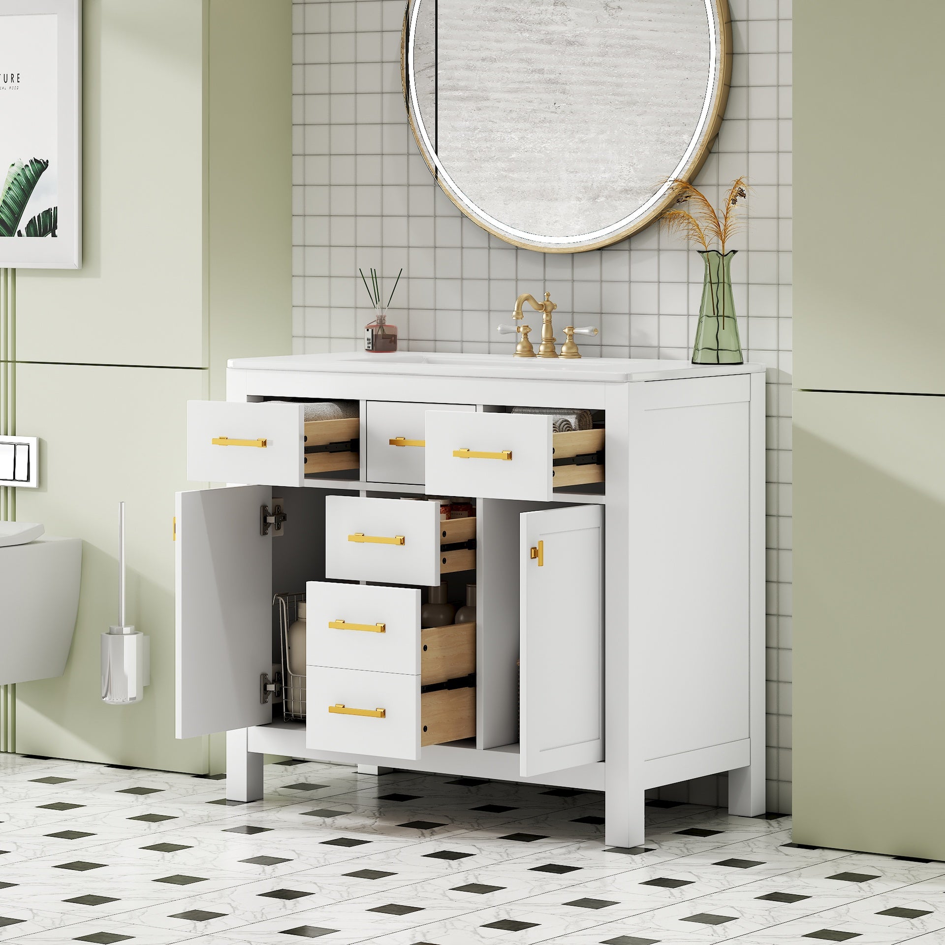 36'' Bathroom Vanity with Ceramic Sink Combo Set,Modern Freestanding Single Bathroom Cabinet with 4 Drawers & 2 Cabinets,Storage Cabinet for Bathroom, Solid Wood Frame Vanity Set, White