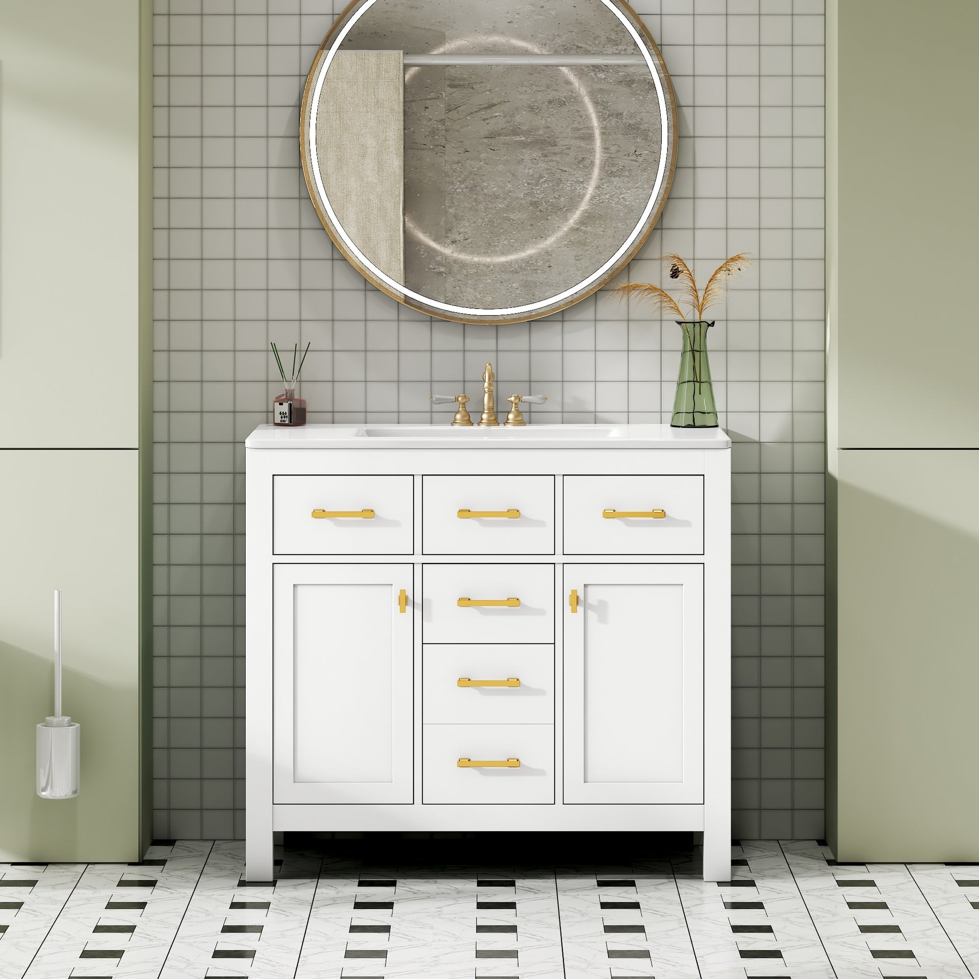 36'' Bathroom Vanity with Ceramic Sink Combo Set,Modern Freestanding Single Bathroom Cabinet with 4 Drawers & 2 Cabinets,Storage Cabinet for Bathroom, Solid Wood Frame Vanity Set, White
