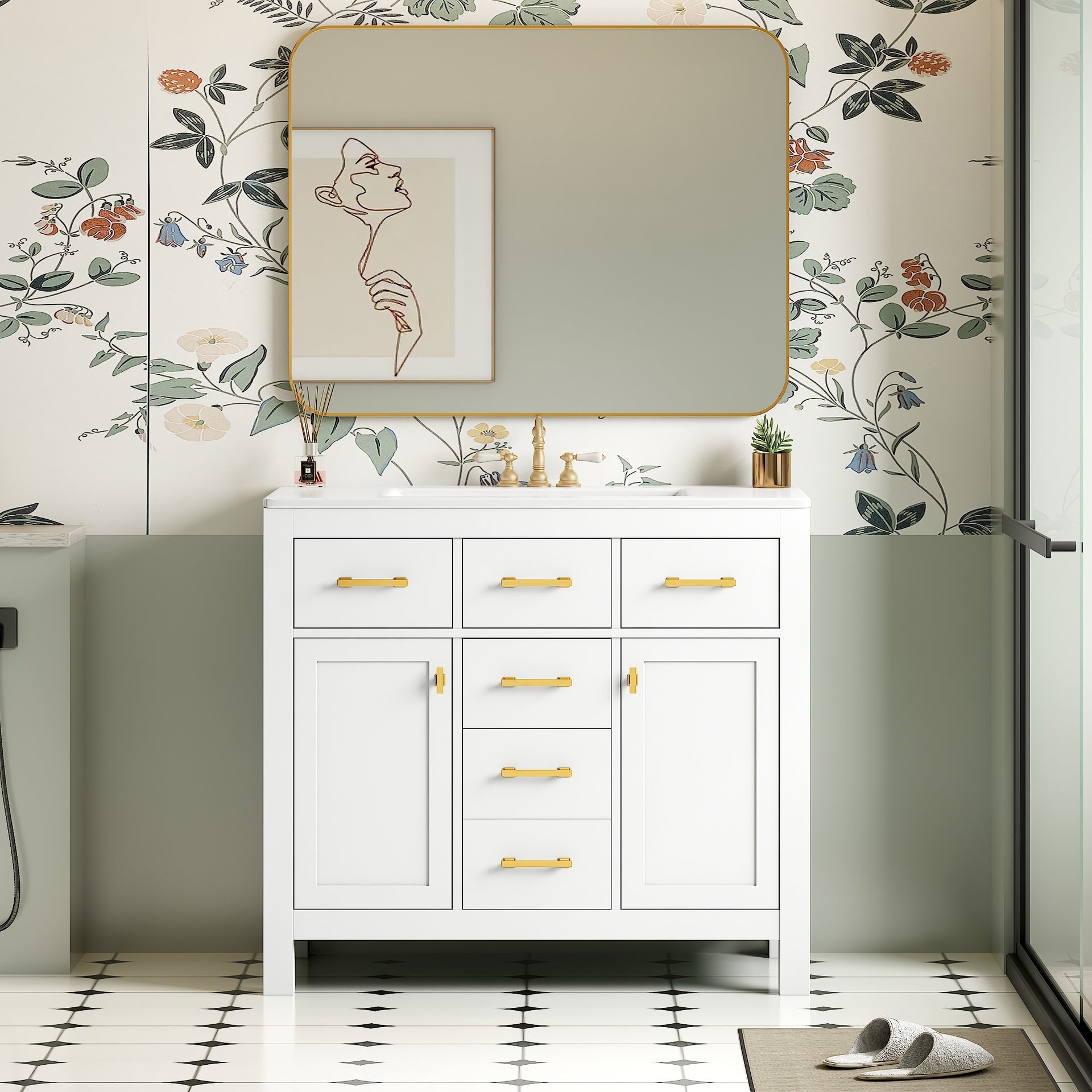 36'' Bathroom Vanity with Ceramic Sink Combo Set,Modern Freestanding Single Bathroom Cabinet with 4 Drawers & 2 Cabinets,Storage Cabinet for Bathroom, Solid Wood Frame Vanity Set, White