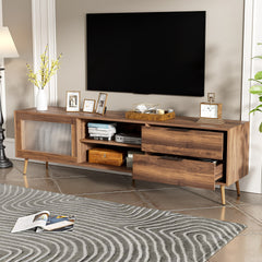 Modern TV Stand for 75"+ TV, TV Console with 2 Glass Doors, Entertainment Center with 2 Drawers & Storage Cabinet, 70" Media Console Table for Living Room, Bedroom