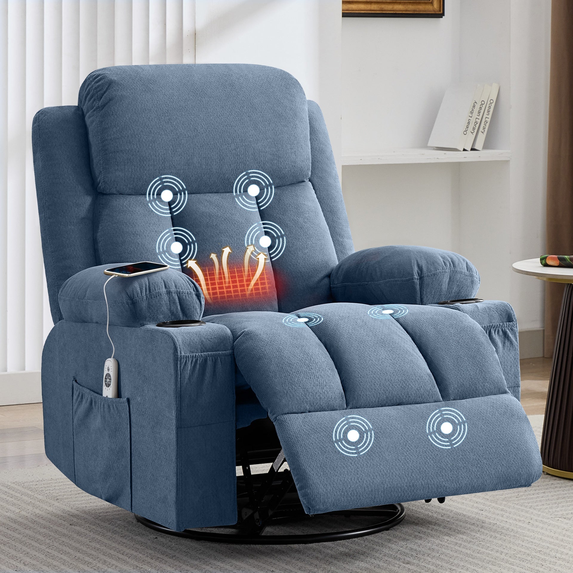Swivel Rocker Recliner Chair with Vibration Massage and Heat for Living Room ,with Rocking Function and Side Pocket, USB Charge Port,2 cup holders
