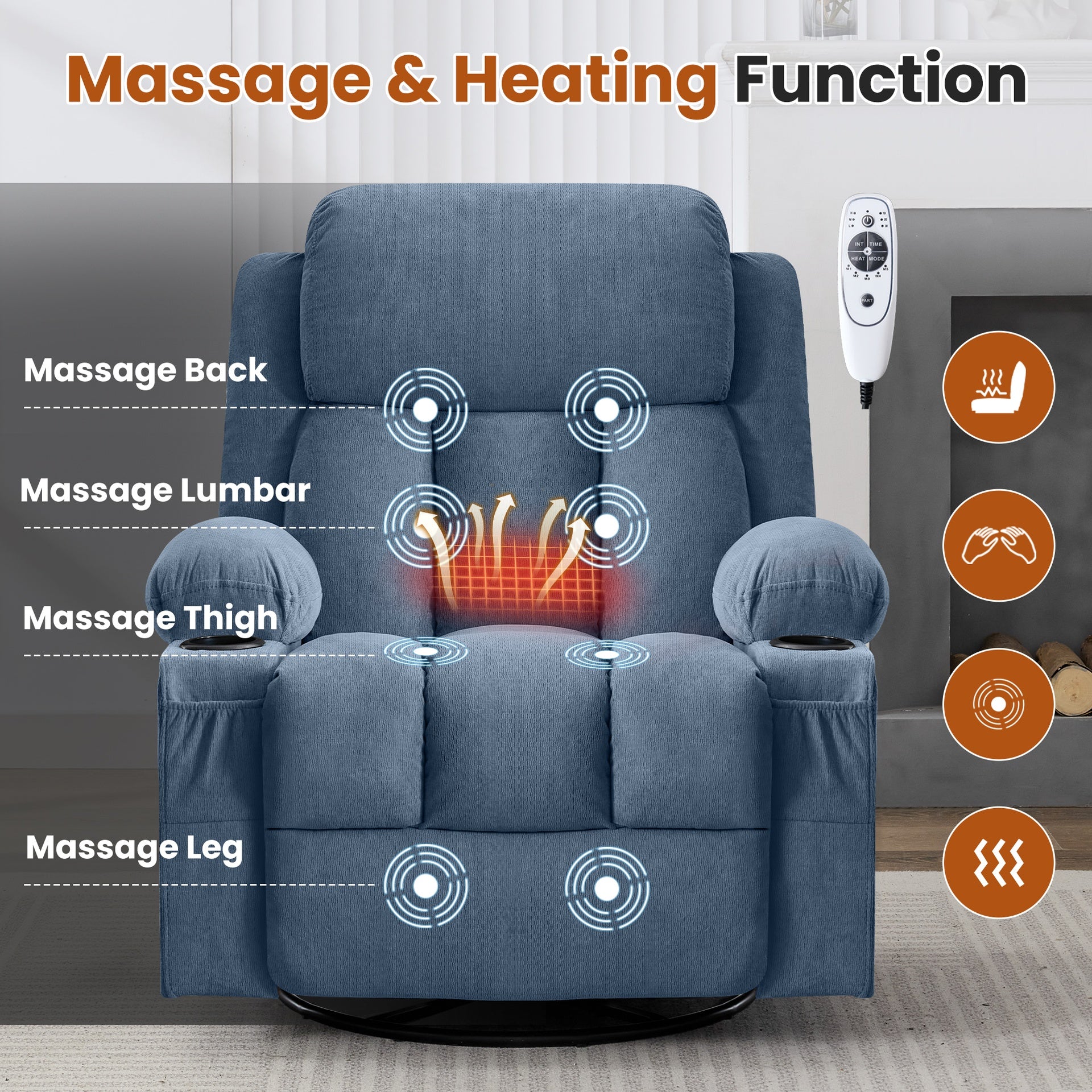 Swivel Rocker Recliner Chair with Vibration Massage and Heat for Living Room ,with Rocking Function and Side Pocket, USB Charge Port,2 cup holders