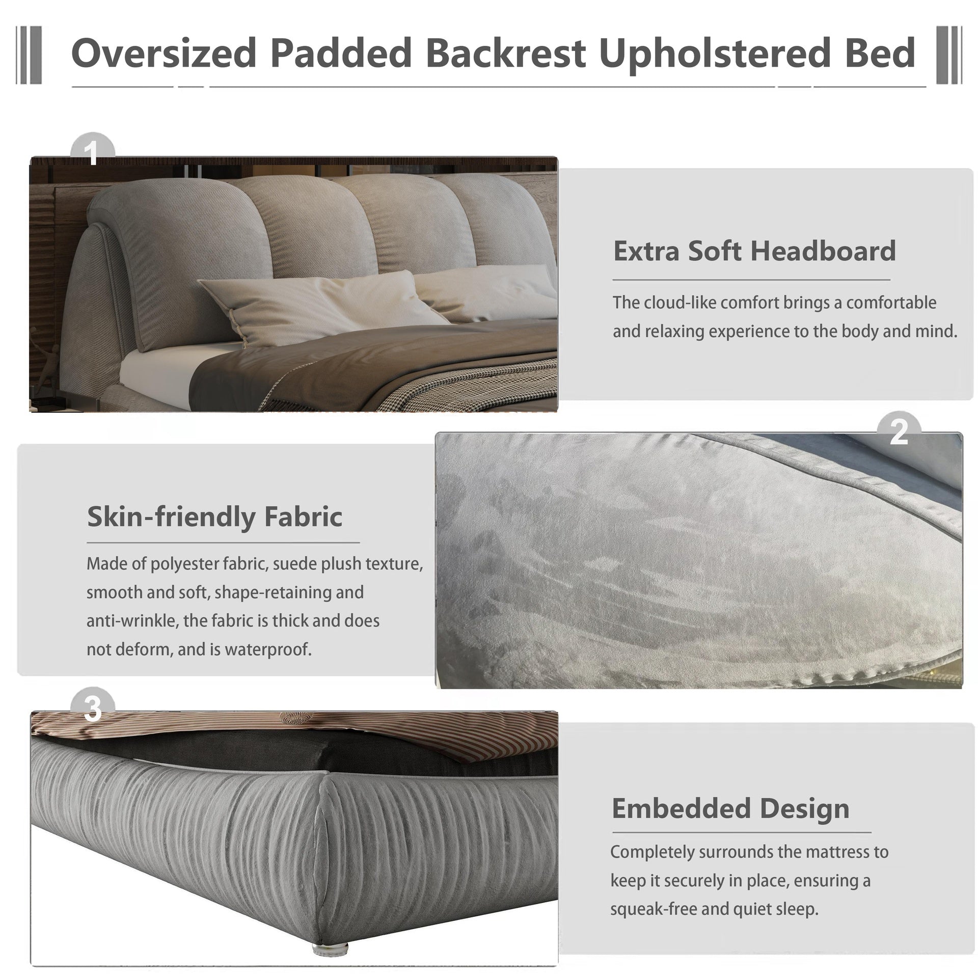 King Size Luxury Upholstered Platform Bed with Oversized Padded Backrest and Solid Wood Frame,suitable for Multiple heights of mattresses,Grey