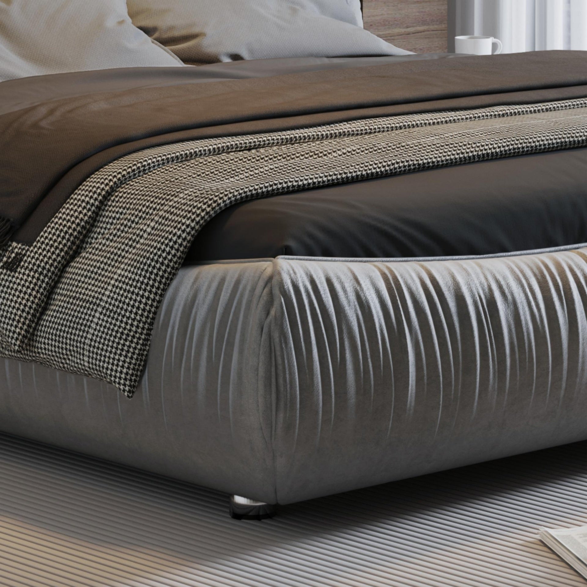 King Size Luxury Upholstered Platform Bed with Oversized Padded Backrest and Solid Wood Frame,suitable for Multiple heights of mattresses,Grey