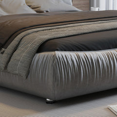 King Size Luxury Upholstered Platform Bed with Oversized Padded Backrest and Solid Wood Frame,suitable for Multiple heights of mattresses,Grey