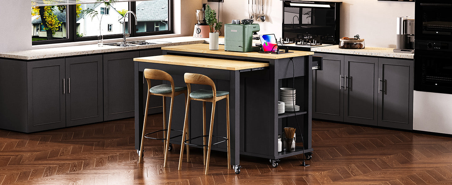 K&K 47 inch Kitchen Island with Extendable Dining Table, Rubber Wood Veneer Kitchen Table with Internal Storage Rack, Power Outlet, Kitchen island with Storage 2 Drawers 2 Cabinet, Black