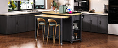 K&K 47 inch Kitchen Island with Extendable Dining Table, Rubber Wood Veneer Kitchen Table with Internal Storage Rack, Power Outlet, Kitchen island with Storage 2 Drawers 2 Cabinet, Black