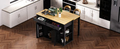 K&K 47 inch Kitchen Island with Extendable Dining Table, Rubber Wood Veneer Kitchen Table with Internal Storage Rack, Power Outlet, Kitchen island with Storage 2 Drawers 2 Cabinet, Black