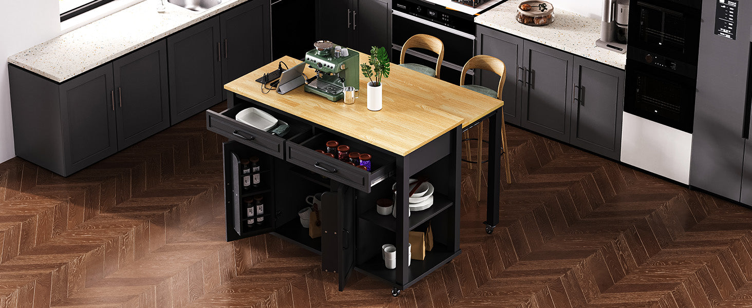 K&K 47 inch Kitchen Island with Extendable Dining Table, Rubber Wood Veneer Kitchen Table with Internal Storage Rack, Power Outlet, Kitchen island with Storage 2 Drawers 2 Cabinet, Black