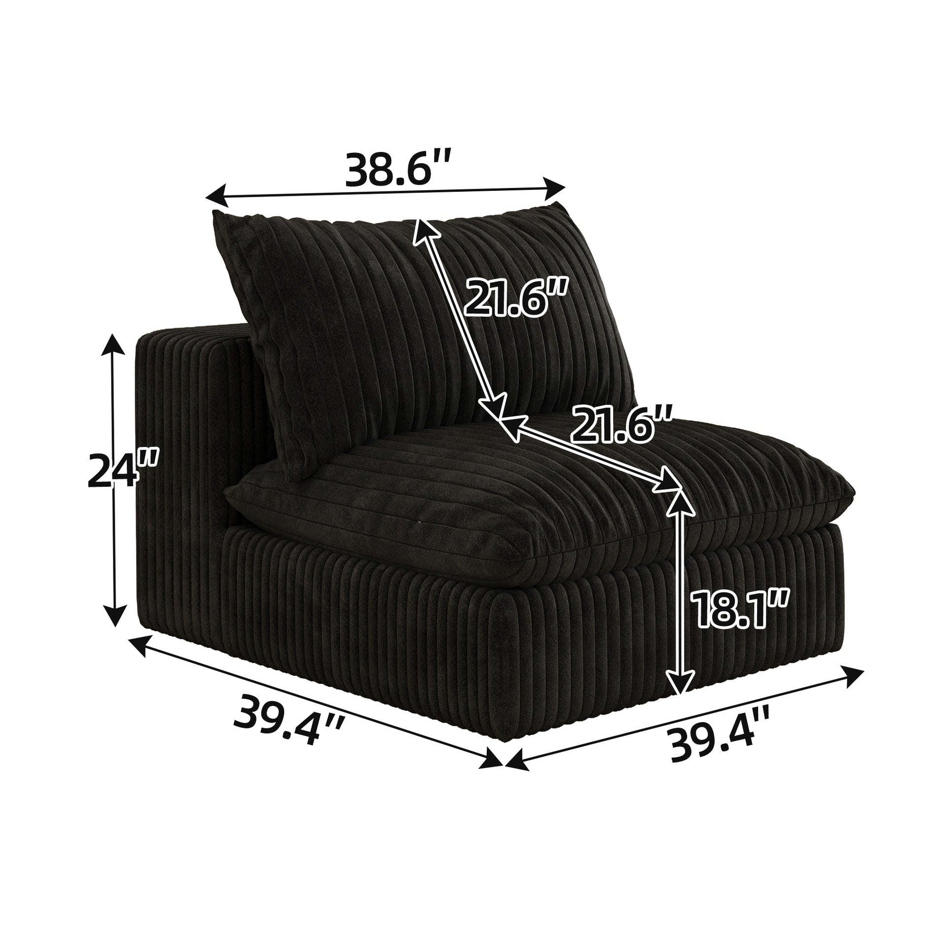 Cloud Sofa,Corduroy Fabric,Deep Seat Couches,Double-layer design,Removable Cushion,No Assembly, DIY Combination for Living room, Bedroom,Conference room ,Apartment,Black