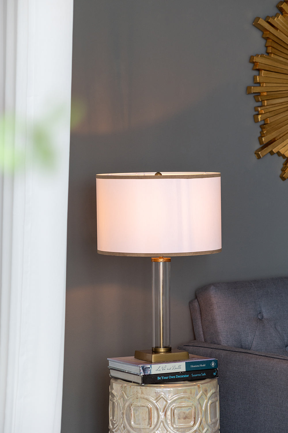 16x16x24" Gold and White Table Lamp with Glass Cylinder and Pedestal Base (Lamp Shade Assembly Required)