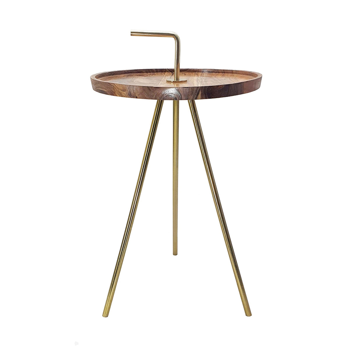 Acacia Wood Side Table with Tripod Steel Legs, Brown/Gold, 16x23.5"
