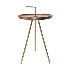 Acacia Wood Side Table with Tripod Steel Legs, Brown/Gold, 16x23.5"